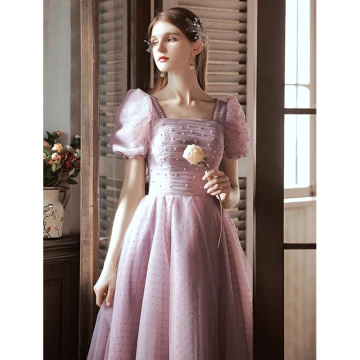 Chic Belle Rougissant Rose Tachetée Robe De Bal 2022 Princesse Encolure Carrée Perle Manches Courtes Dos Nu Longue Robe De Ceremonie