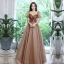 Chic / Beautiful Brown Prom Dresses 2022 A-Line / Princess Square Neckline Puffy Short Sleeve Rhinestone Backless Floor-Length / Long Formal Dresses