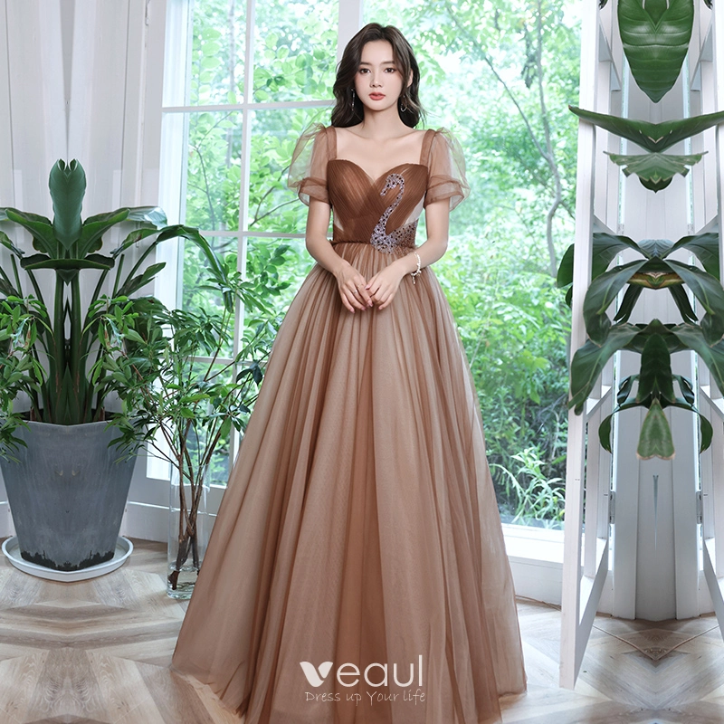 white christmas dresses Simple A-Line Satin Brown Long Prom Dress, Brown Long Formal Dress US 4 / Brown