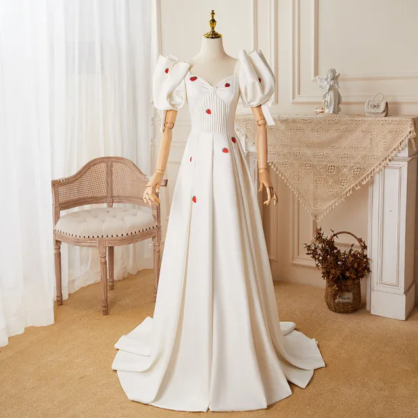 Vintage / Retro Ivory Satin Strawberry Prom Dresses 2022 A-Line / Princess Square Neckline Puffy Short Sleeve Backless Floor-Length / Long Formal Dresses