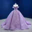 Luxury / Gorgeous High-end Lilac Prom Dresses 2022 Off-The-Shoulder Handmade  Beading Sequins Short Sleeve Backless Floor-Length / Long Formal Dresses