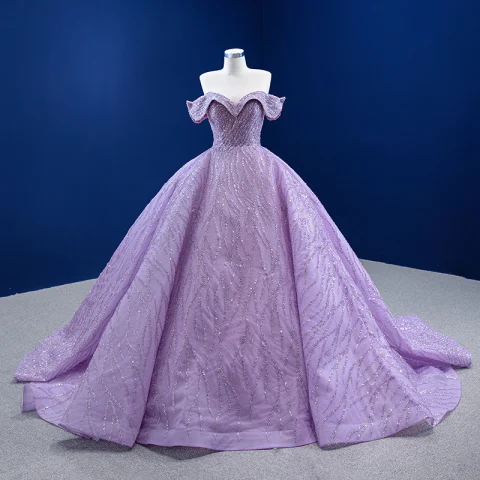 Luxe Haut de Gamme Lilas Robe De Bal 2022 De l'épaule Fait main Perlage Paillettes Manches Courtes Dos Nu Longue Robe De Ceremonie