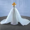 Luxury / Gorgeous White Wedding Dresses 2022 Trumpet / Mermaid Scoop Neck Sleeveless Backless Beading Pearl Rhinestone Cathedral Train Wedding