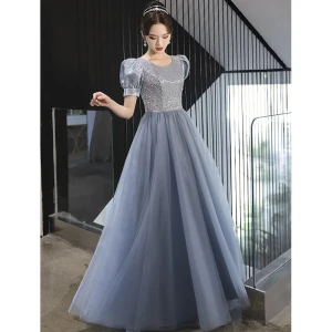 Élégant Bleu Ciel Perlage Paillettes Robe De Bal 2022 Princesse Encolure Dégagée Manches Courtes Longue Robe De Ceremonie
