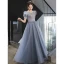 Elegant Sky Blue Beading Sequins Prom Dresses 2022 A-Line / Princess Scoop Neck Short Sleeve Floor-Length / Long Formal Dresses