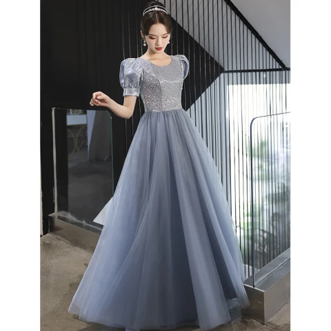 Élégant Bleu Ciel Perlage Paillettes Robe De Bal 2022 Princesse Encolure Dégagée Manches Courtes Longue Robe De Ceremonie