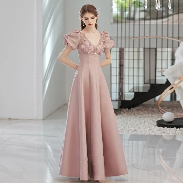 Elegant Blushing Pink Satin Prom Dresses 2022 A Line Princess V Neck Beading Pearl Rhinestone Appliques Puffy Short Sleeve Bow Backless Floor Length Long Formal Dresses