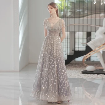 Charmant Luxe Gris Glitter Robe De Soirée 2022 Princesse V Cou Paillettes Faux Diamant Manches Courtes Dos Nu Longue Soirée Robe De Ceremonie