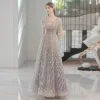 Charming Luxury / Gorgeous Grey Glitter Evening Dresses 2022 A-Line / Princess V-Neck Sequins Rhinestone Short Sleeve Backless Floor-Length / Long Evening Party Formal Dresses