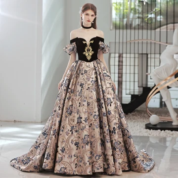 Vintage Originale Noire Impression Robe De Bal 2022 Robe Boule De L Épaule Manches Courtes Dos Nu Tribunal Train Promo Robe De Ceremonie