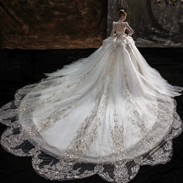 Luxury / Gorgeous Ivory Beading Pearl Sequins Cascading Ruffles Wedding Dresses 2022 Ball Gown Scoop Neck Long Sleeve Backless Royal Train