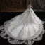 Luxury / Gorgeous Ivory Beading Pearl Sequins Cascading Ruffles Wedding Dresses 2022 Ball Gown Scoop Neck Long Sleeve Backless Royal Train