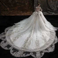 Luksus Elfenben Beading Perle Paljetter Gripende Ruffles Brudekjoler 2022 Ballkjole Scoop Halsen Langermede Ryggløse Royal Train