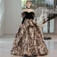 Vintage / Retro Black Printing Prom Dresses 2022 Ball Gown Off-The-Shoulder 3/4 Sleeve Backless Court Train Formal Dresses