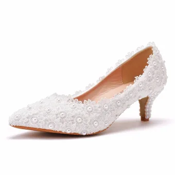 Chic Belle Blanche Perle En Dentelle Fleur Chaussure De Mariée 2022 5 Cm Talons Aiguilles À Bout Pointu Mariage Escarpins Talons Hauts