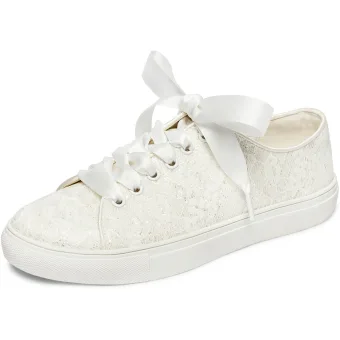 Comfortable Bridal Lace Wedding Shoes Sneakers 2022 Lace Up Flat Round Toe Womens Shoes