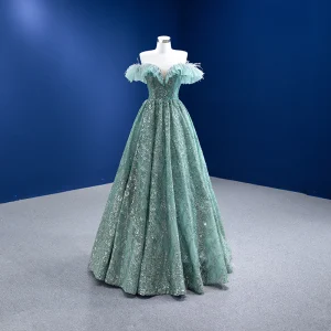 Haut De Gamme Vert Cendré Robe De Bal 2022 Princesse De L Épaule Perlage Paillettes Gland Manches Courtes Dos Nu Longue Robe De Ceremonie