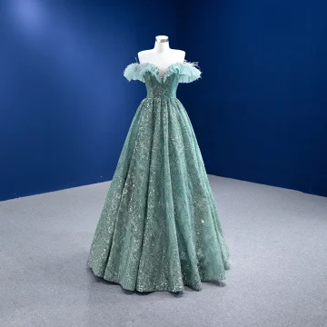 Haut De Gamme Vert Cendré Robe De Bal 2022 Princesse De L Épaule Perlage Paillettes Gland Manches Courtes Dos Nu Longue Robe De Ceremonie