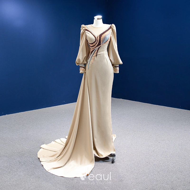 Champagne Satin Scoop Long Mermaid Evening Dress Champagne Satin Scoop Long Mermaid Evening Dress