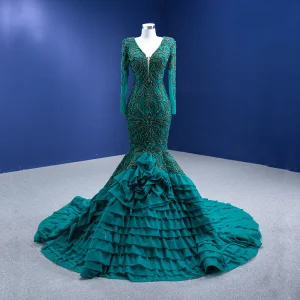 Vintage High End Mørk Grønn Gripende Ruffles Ballkjoler 2022 Trompet Havfrue V Hals Beading Perle Blonder Blomst Langermede Ryggløse Lange
