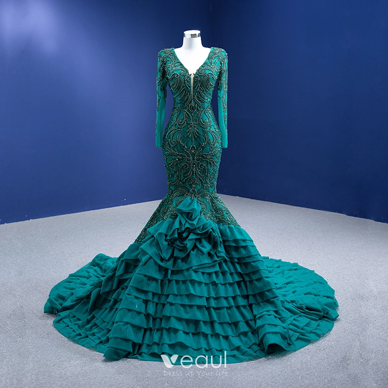 Vintage / Retro High-end Dark Green Cascading Ruffles Prom Dresses 2022  Trumpet / Mermaid V-Neck Beading Pearl Lace Flower Long Sleeve Backless  Floor-Length / Long
