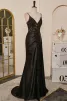 Sexy Black Satin Lace Split Front Prom Dresses 2024 Crossed Straps Sleeveless Spaghetti Straps Trumpet / Mermaid Floor-Length / Long Formal Dresses
