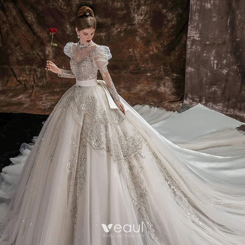 Lace Floral Puff Sleeve Wedding Dresses Sweetheart Long Train