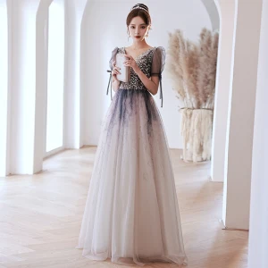 Charming Ocean Blue Gradient Color Prom Dresses 2022 A Line Princess V Neck Sequins Bow Short Sleeve Backless Floor Length Long Formal Dresses