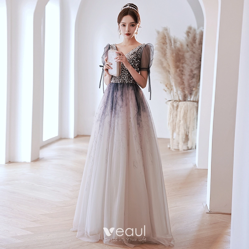 Spaghetti Long V-neck Sequin Tulle Prom Dresses, Lovely Gradient Prom Dresses, Newest Prom Dresses Spaghetti Long V-neck Sequin Tulle Prom Dresses, Lovely Gradient Prom Dresses, Newest Prom Dresses