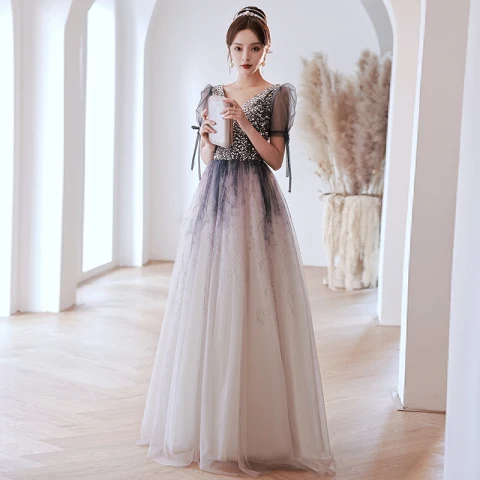 Charmant Océan Bleu Dégradé De Couleur Robe De Bal 2022 Princesse V-Cou Paillettes Noeud Manches Courtes Dos Nu Longue Robe De Ceremonie