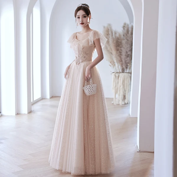Sparkly Champagne Glitter Prom Dresses 2022 A-Line / Princess Pearl Square  Neckline Beading Sequins Short Sleeve Backless Floor-Length / Long Formal  Dresses