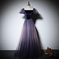 Elegantes Morado Vestidos de gala 2022 A-Line / Princess Escote Cuadrado Hinchado Manga Corta Sin Espalda Bowknot Largos Vestidos Formales