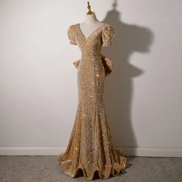Sparkly Gold Sequins Evening Dresses 2022 Trumpet Mermaid V Neck Short Sleeve Backless Bow Floor Length Long Formal Dresses