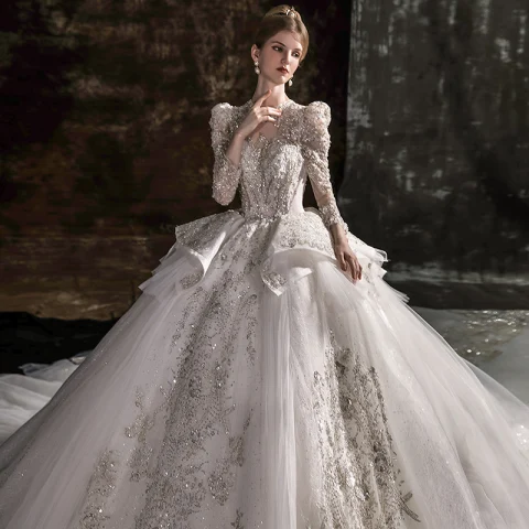 Magnífico Blanco Rebordear Volantes En Cascada Vestidos De Novia 2022 Ball Gown Scoop Escote Perla Rhinestone Lentejuelas Con Encaje Flor Manga Corta Sin Espalda Royal Train Boda
