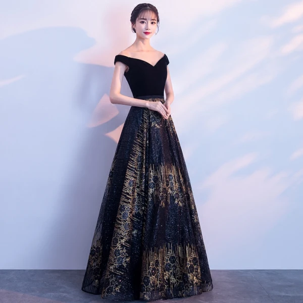 Bling Bling Navy Blue Evening Dresses 2018 A-Line / Princess V-Neck Short Sleeve Gold Glitter Tulle Floor-Length / Long Backless Formal Dresses