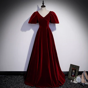 Elegante Bordeaux Velour Galajurken 2022 A Lijn Suede V Hals Korte Mouwen Ruglooze Lange Gelegenheid Jurken