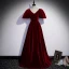 Elegant Burgundy Velour Prom Dresses 2022 A-Line / Princess Suede V-Neck Short Sleeve Backless Floor-Length / Long Formal Dresses