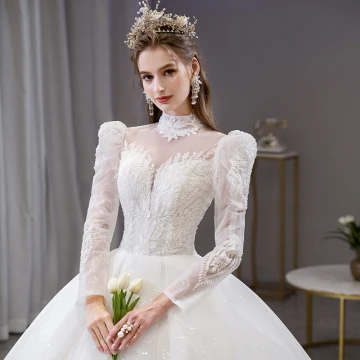 Elegant White Sequins Lace Flower Wedding Dresses 2022 Ball Gown High Neck Long Sleeve Backless Floor Length Long Wedding