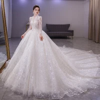 Sparkly Hvit Beading Rhinestone Perle Paljetter Brudekjoler 2022 Ballkjole V-Hals Langermede Ryggløse Royal Train Bryllup