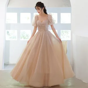 Chic Belle Champagne Faux Diamant Paillettes Robe De Bal 2022 Princesse Encolure Carrée Gonflée Manches Courtes Dos Nu Noeud Longue Robe De Ceremonie