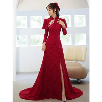 Chic Beautiful Burgundy Lace Flower Cheongsam Evening Dresses 2022 Trumpet Mermaid High Neck Beading Pearl Long Sleeve Backless Court Train Evening Party Formal Dresses