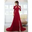 Chic / Beautiful Burgundy Lace Flower Cheongsam Evening Dresses 2022 Trumpet / Mermaid High Neck Beading Pearl Long Sleeve Backless Court Train Evening Party Formal Dresses