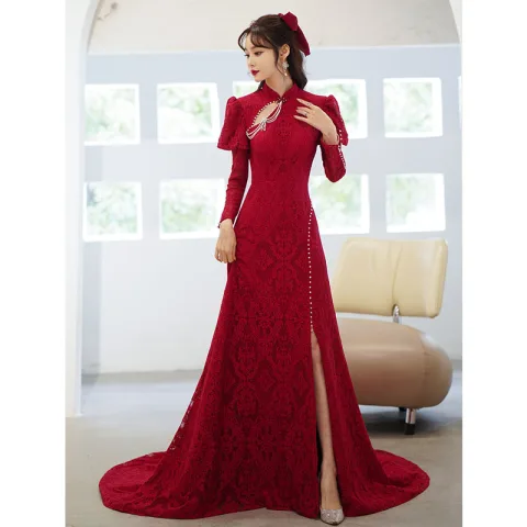 Chic / Beautiful Burgundy Lace Flower Cheongsam Evening Dresses 2022 Trumpet / Mermaid High Neck Beading Pearl Long Sleeve Backless Court Train Evening Party Formal Dresses