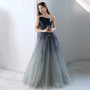 Chic Belle Océan Bleu Dégradé De Couleur Paillettes Robe De Bal 2022 Princesse Bustier Sans Manches Dos Nu Longue Robe De Ceremonie