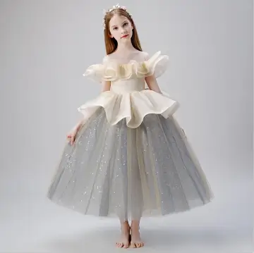 Elegant Champagne Sequins Cascading Ruffles Flower Girl Dresses 2022 Ball Gown Scoop Neck Short Sleeve Floor Length Long Birthday Flower Girl Dresses