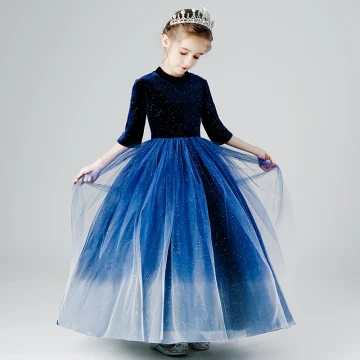 Élégant Bleu Marine Dégradé De Couleur Paillettes Robe Ceremonie Fille 2022 Robe Boule Encolure Dégagée 3 4 Manches Longue Anniversaire Robe Ceremonie Fille