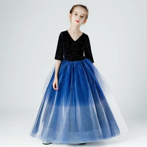 Élégant Bleu Marine Dégradé De Couleur Paillettes Robe Ceremonie Fille 2022 Robe Boule V Cou 1 2 Manches Longue Anniversaire Robe Ceremonie Fille