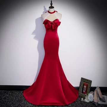 Sexy Burgundy Beading Pearl Evening Dresses 2022 Trumpet Mermaid Satin Halter Bow Sleeveless Backless Floor Length Long Formal Dresses