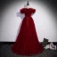 Chic / Beautiful Burgundy Pierced Prom Dresses 2022 A-Line / Princess Ruffle Off-The-Shoulder Short Sleeve Pearl Sash Backless Floor-Length / Long Formal Dresses