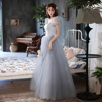Vintage Retro Grey Prom Dresses 2022 A Line Princess Square Neckline Puffy Short Sleeve Backless Floor Length Long Formal Dresses